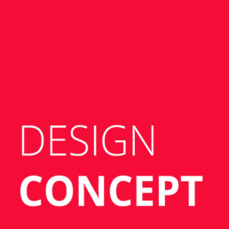 Design Concept Badge in Rot mit weißer Schrift