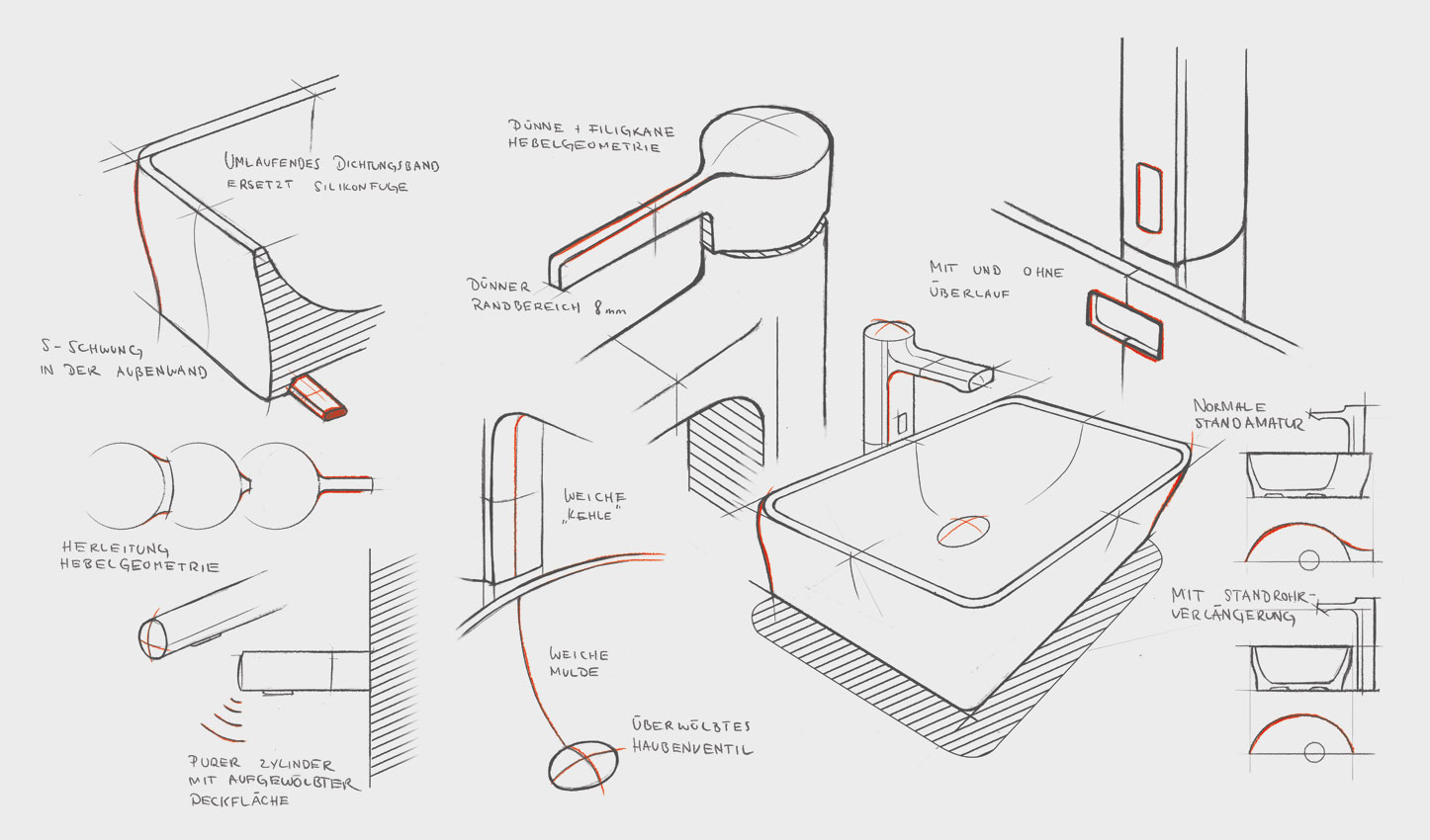 Sketchbook Zeichnungen Ideation Sketches Konzeption von Franke Armaturen und Aufsatzwaschtischen