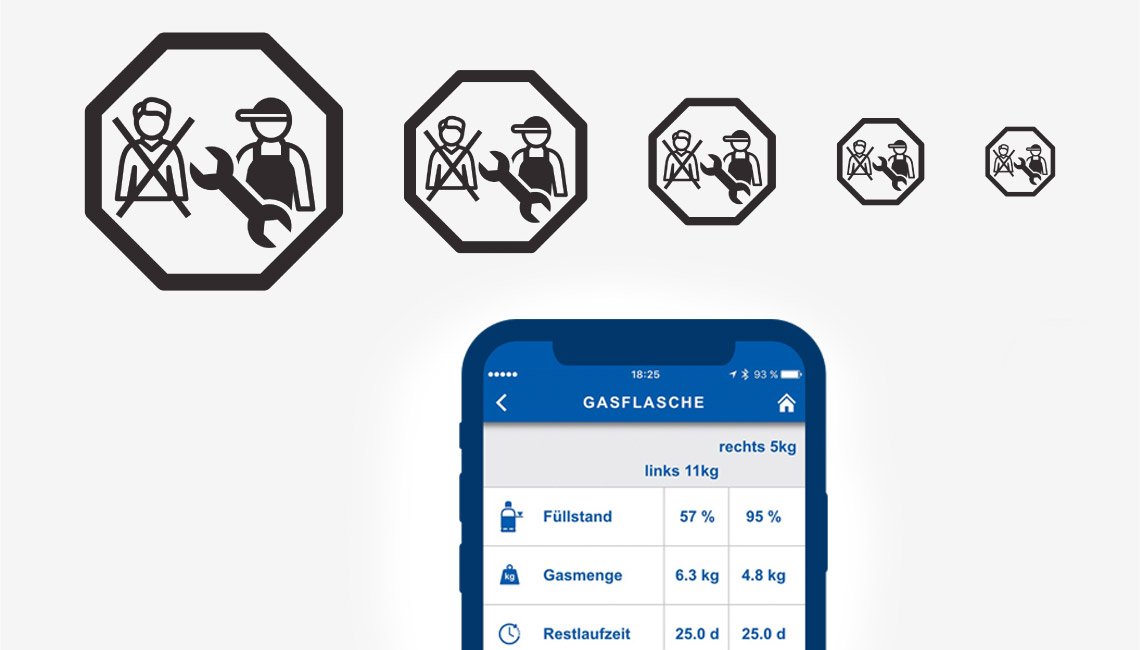 Camping Icons Darstellung der Skalierbarkeit in fünf Größen und auf Smartphone